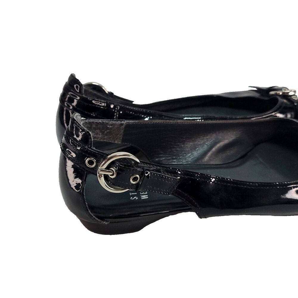 stuart weitzman Chit Chat Patent Leather Flats 8.5 Black Sling Back Peep Toe - Picture 10 of 14